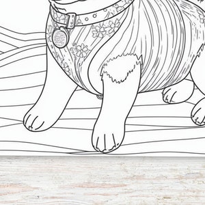 May include: A black and white line drawing of a dog wearing a floral patterned outfit and a collar with a tag. The dog is sitting on a striped surface.