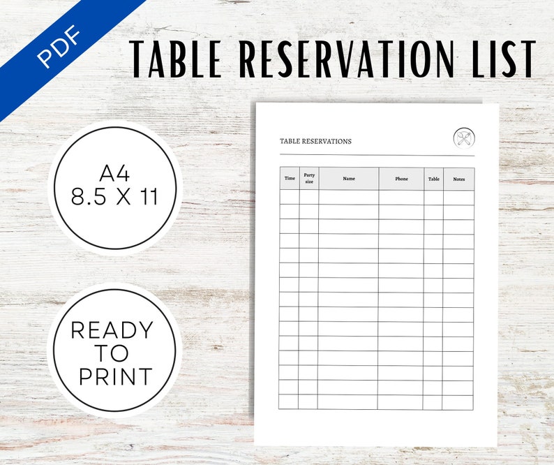 Table Reservation List Printable PDF A4 & 8.5x11 Ready to Print Digital