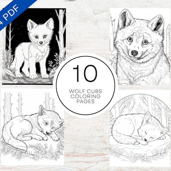 10 babywolfwelpen kleurplaten | Afdrukbare PDF 10 pagina's A4 | Leuke kleurplaten voor stressverlichting en ontspanning
