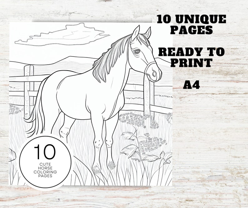 May include: A black and white line drawing of a horse standing in a field. The horse is facing the right side of the image. The horse has a halter on. The horse is standing in a field with grass and flowers. There is a fence behind the horse. The image is part of a set of 10 coloring pages.