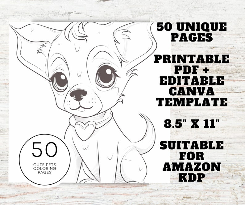 KDP Interior 50 Cute Pets Coloring Pages | 8.5" x 11" Printable PDF | Cute Animal Coloring Book For Kids And Adults image 2