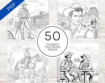 Puede incluir: Una colección de cuatro páginas para colorear con temática de vaqueros en blanco y negro. Las páginas presentan ilustraciones de vaqueros en varios escenarios, incluyendo un vaquero de pie, un vaquero a caballo y vaqueros en una mesa. El texto "50 páginas para colorear de vaqueros" está en el centro.