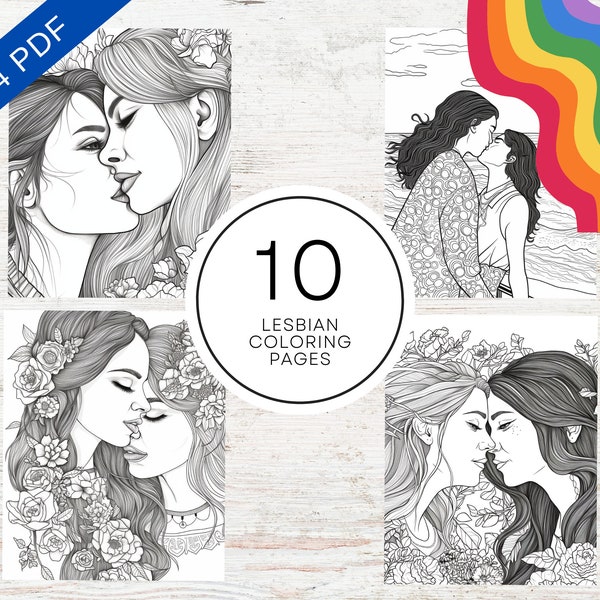 Pride 2023 Lesbian Couples Coloring Pages | Printable PDF 10 Pages A4 | Cute Realistic LGBT Grayscale Coloring Book