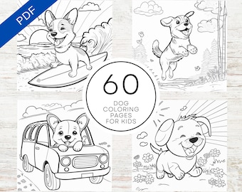 May include: Black and white coloring pages featuring dogs in various activities, including surfing, jumping, and driving a car. The text "60 DOG COLORING PAGES FOR KIDS" is displayed in the center of the image.