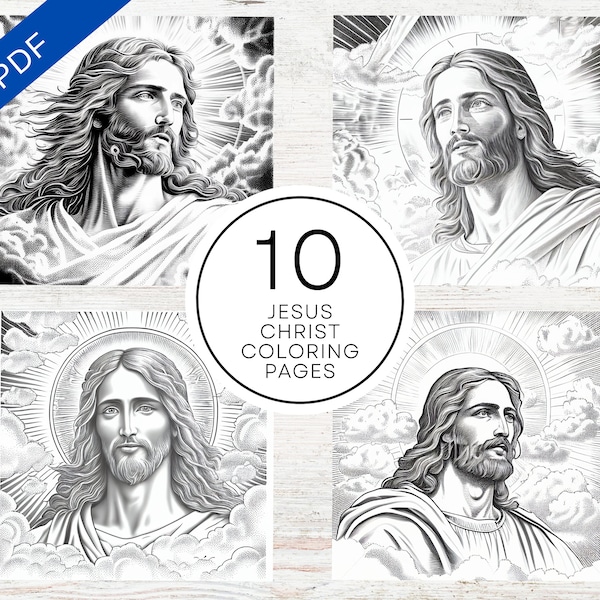 10 Realistische Jesus Christus Malvorlagen | Druckbare PDF 10 Seiten A4 | Graustufen Illustrationen zum Stressabbau & Entspannung