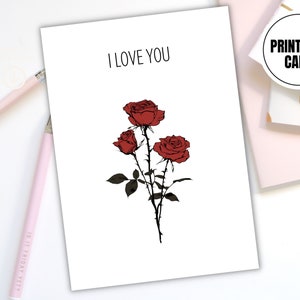 Digitale download I Love You Card - Afdrukbare minimalistische bloemsierkunstkaart - Line Art Roses Flowers - Instant romantische Valentijnsdagkaart