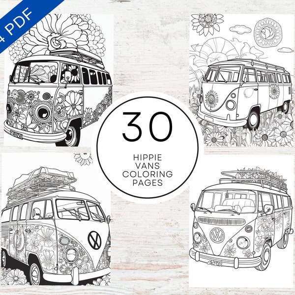 30 Hippie Vans Coloring Pages | Printable PDF A4 | Adult and Teens Coloring Pages For Stress Relief & Relaxation