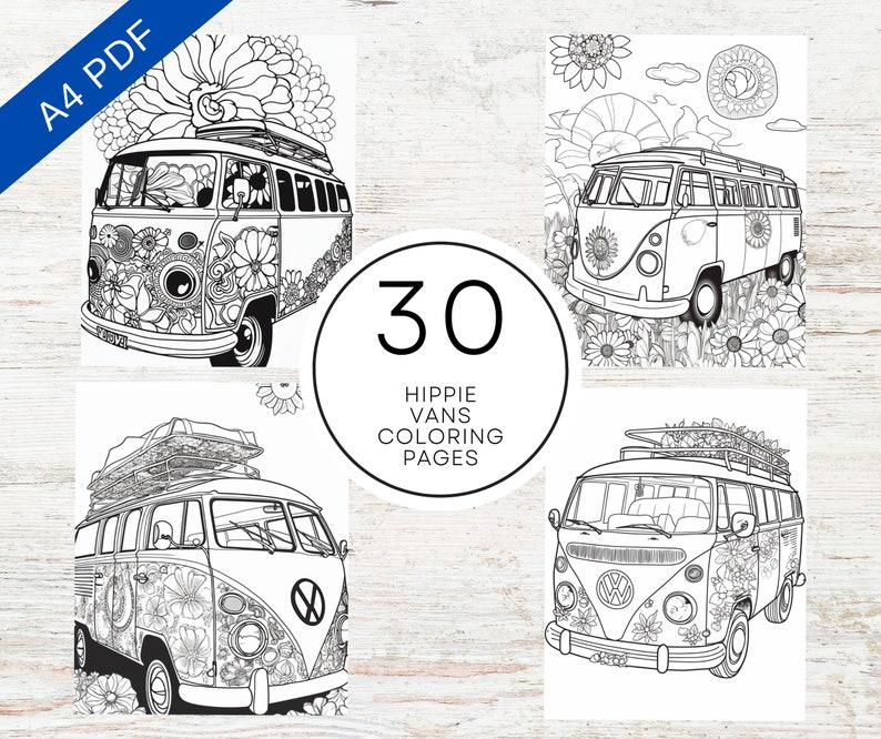 30 Hippie Vans Coloring Pages Printable PDF A4 Adult and Teens Coloring