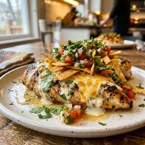 May include: A grilled chicken breast topped with melted cheese, a fresh tomato and onion salsa, and crispy tortilla strips on a speckled ceramic plate. The dish is garnished with chopped cilantro and served with a light cream-based sauce.