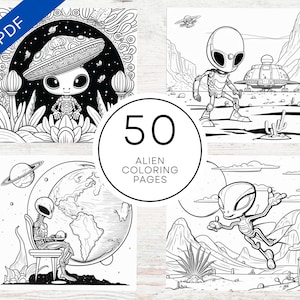 Puede incluir: Un conjunto de 50 páginas para colorear de extraterrestres en blanco y negro. Las páginas presentan extraterrestres en varias poses, incluyendo volar, sentarse y estar de pie. Algunas páginas también presentan naves espaciales extraterrestres y planetas.