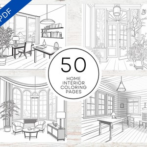 May include: A set of 50 black and white colouring pages featuring home interior designs. The pages include images of living rooms, dining rooms, and hallways.