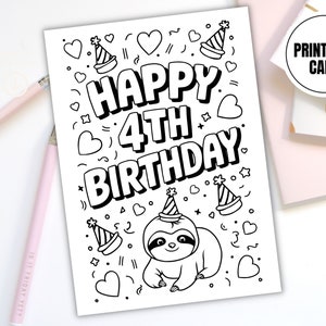 Biglietto da colorare stampabile per il 4° compleanno di Bradipo / Download digitale / Attività di compleanno divertente per bambini / Download istantaneo / Biglietto di compleanno di Bradipo
