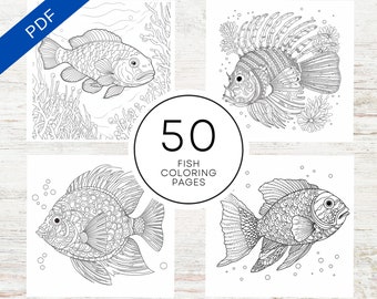 Puede incluir: Un conjunto de 50 páginas para colorear de peces imprimibles. Las páginas presentan dibujos lineales detallados de varias especies de peces, incluyendo un pez león, un pez globo y un pez ángel. Las páginas son perfectas para niños y adultos que disfrutan coloreando.