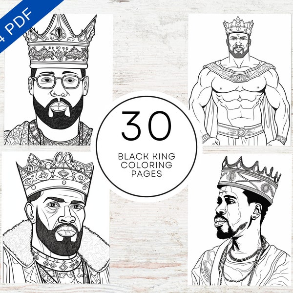 30 Black Kings In Crowns Coloring Pages | Printable PDF A4 | Adult Coloring Book For Stress Relief | Inclusive & Diverse