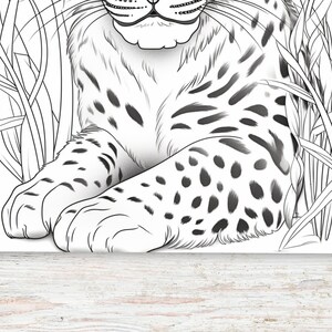 May include: A black and white line drawing of a spotted cat sitting in tall grass. The cat is looking directly at the viewer with its mouth closed. The cat's paws are visible and the fur is detailed with spots.