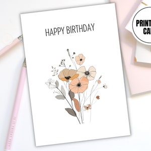 Biglietto stampabile con download digitale - Linea minimalista Fiori botanici ad acquerello - Design artistico unico della cartolina d'auguri