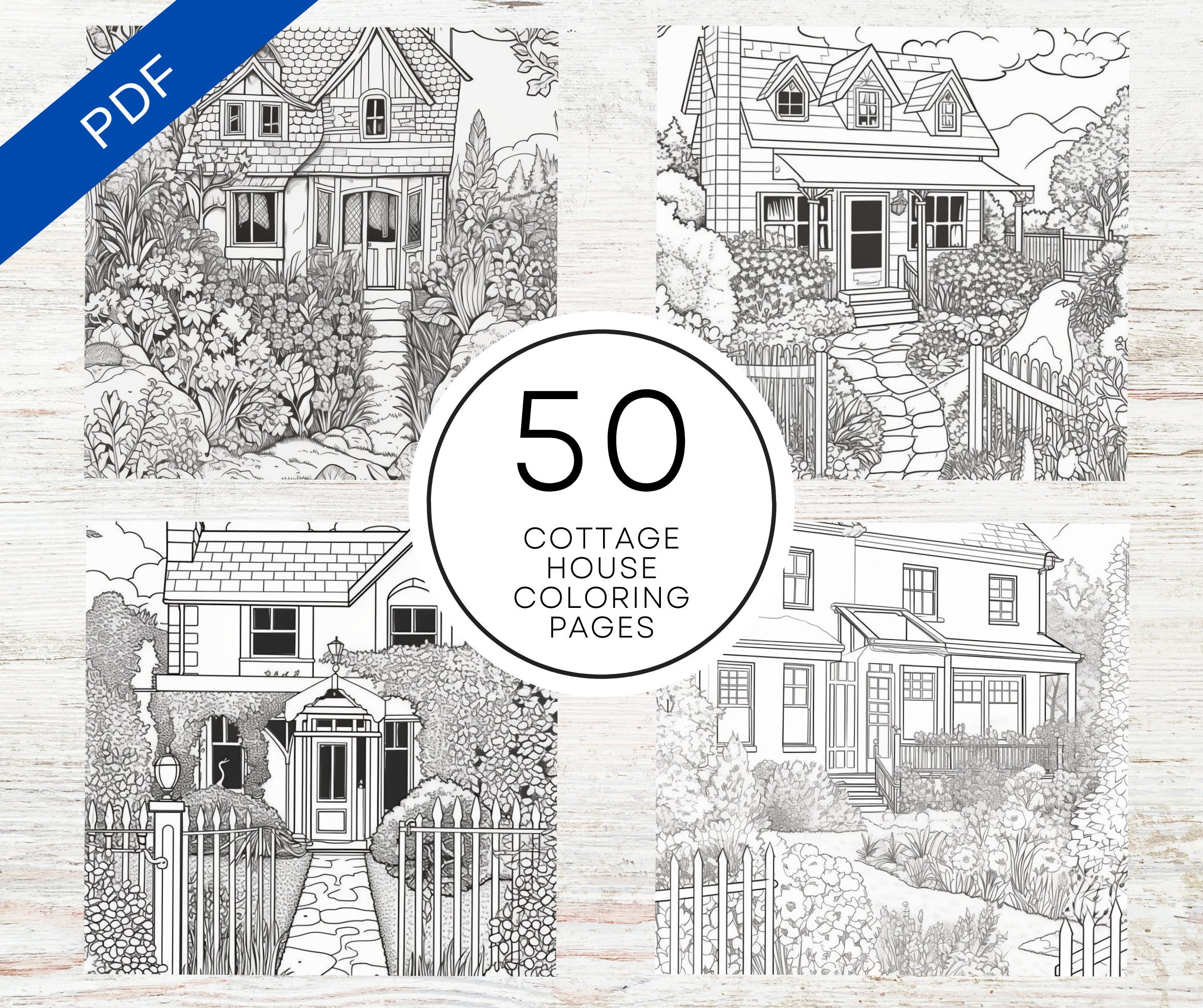 KDP Interior 50 Cottage House Coloring Pages For Adults | 8.5" x 11" PDF | Adult Coloring Book | Floral & Botanical Garden Colouring