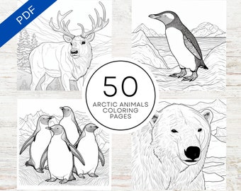 May include: Black and white coloring pages featuring 50 arctic animals, including a polar bear, a penguin, a reindeer, and a bird. The text "50 Arctic Animals Coloring Pages" is in a circle in the center of the image.