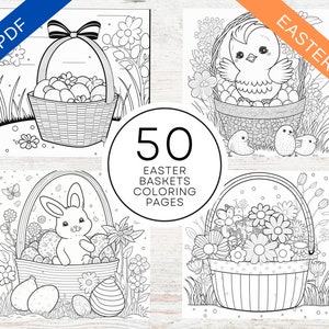 May include: A set of 50 black and white coloring pages featuring Easter baskets filled with eggs and decorated with flowers, bunnies, and chicks.  The text "50 Easter Baskets Coloring Pages" is in the center of the image.