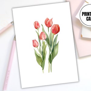 Printable Tulip Floral Card - Digital Download - Minimalistic Botanical Watercolor Art - Non-Personalized Floral Tulip Image