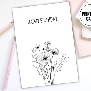 Minimalistische botanische lijn kunst verjaardagskaart, bloemen afdrukbare verjaardagskaart, afdrukbare Happy Birthday Card, Instant Download