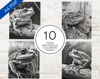 10 Grayscale Frog Coloring Pages For Adults | Digital Coloring Sheets | A4 Printable PDF | Stress Relief & Relaxation