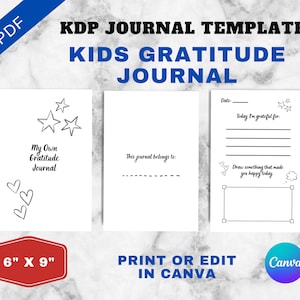 Puede incluir: Plantilla de diario de gratitud para niños imprimible en PDF de 15,24 x 22,86 cm. La plantilla incluye una página de título con el texto "My Own Gratitude Journal" y una página con líneas para escribir y un espacio para dibujar.