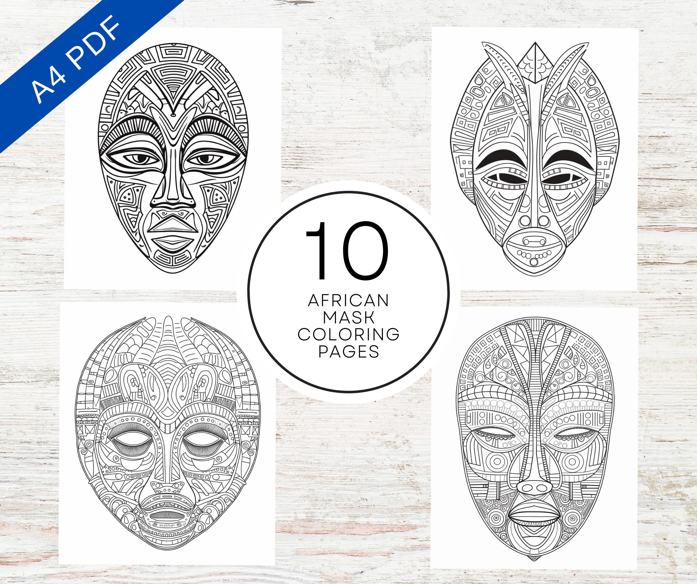 10 African Mask Coloring Pages | A4 Printable PDF | Pattern Coloring Sheets For Teens & Adults | Stress Relief And Relaxation