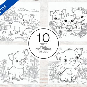 10 lindas páginas para colorear de cerdos / Hojas para colorear de animales para niños y adultos / Alivio del estrés y arteterapia / PDF imprimible