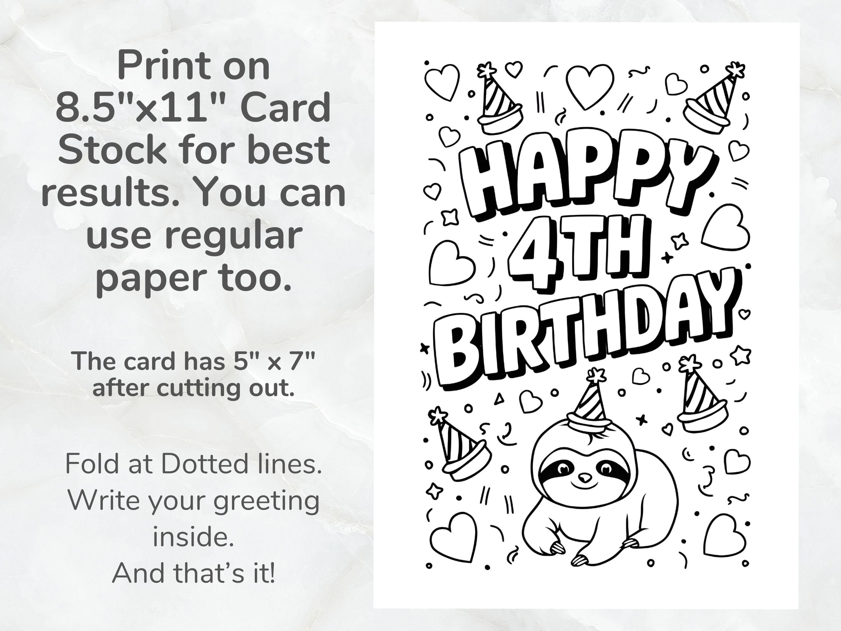4th Birthday Sloth Printable Coloring Card Digital Download Fun Kids