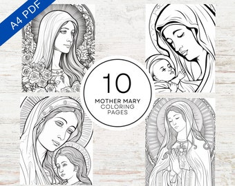 10 Mother Mary Coloring Pages | Printable PDF 10 Pages A4 | Stress Relief & Relaxation | Christian Catholic Coloring Book