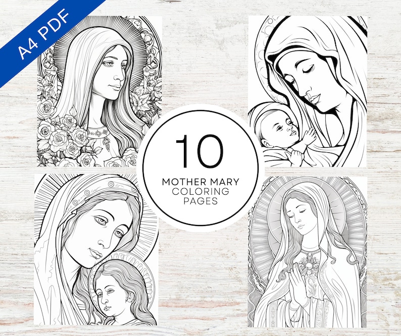 10 Mother Mary Coloring Pages Printable PDF 10 Pages A4 Stress Relief & Relaxation Christian ...