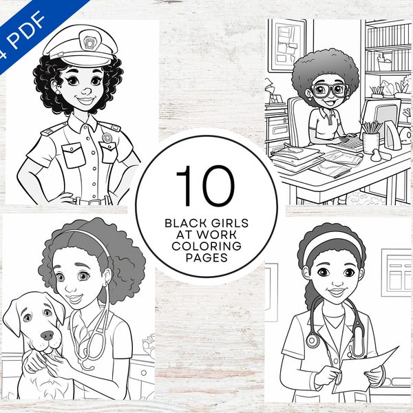 10 Black Girls At Work Coloring Pages | Printable PDF A4 | Inclusive Coloring Sheets For Kids & Adults