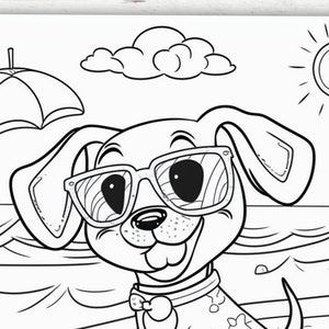 May include: A black and white line drawing of a dog wearing sunglasses and a bow tie. The dog is at the beach with a beach umbrella and the sun shining.
