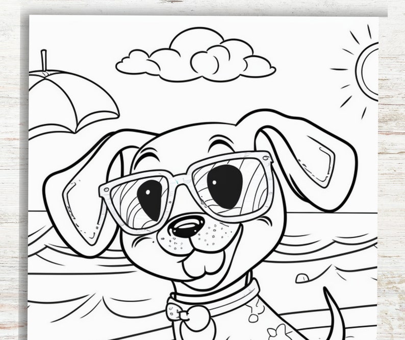 May include: A black and white line drawing of a dog wearing sunglasses and a bow tie. The dog is at the beach with a beach umbrella and the sun shining.