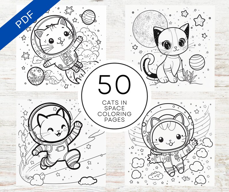 KDP Interior 50 Cats in Space Coloring Pages 8.5 X 11 Printable PDF