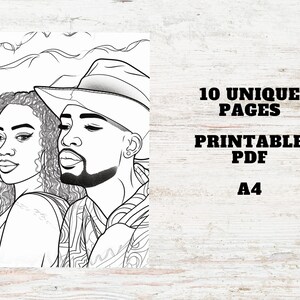 Pu&ograve; includere: Disegno a tratto in bianco e nero di una coppia, con il testo "10 UNIQUE PAGES PRINTABLE PDF A4". L'illustrazione presenta un uomo con un cappello e una donna con i capelli ricci. L'immagine &egrave; un PDF stampabile.