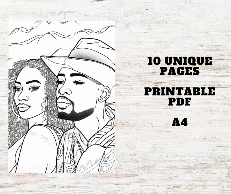 Pu&ograve; includere: Disegno a tratto in bianco e nero di una coppia, con il testo "10 UNIQUE PAGES PRINTABLE PDF A4". L'illustrazione presenta un uomo con un cappello e una donna con i capelli ricci. L'immagine &egrave; un PDF stampabile.