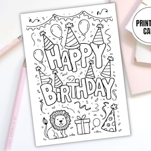 Happy Birthday Lion Printable Coloring Card | Digital Download Kids Activity Happy Birthday Lion Printable Coloring Card | Kids Party Page