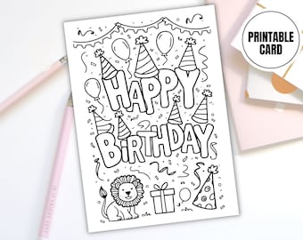 Carte à colorier imprimable lion joyeux anniversaire | Téléchargement numérique Kids activité joyeux anniversaire Lion carte à colorier imprimable | Page Fête d'enfants