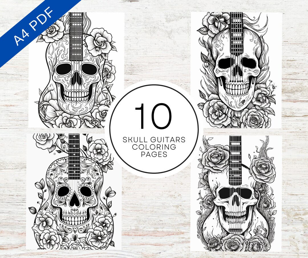 10 Guitar Skull Coloring Pages for Kids & Adults | A4 Printable PDF ...