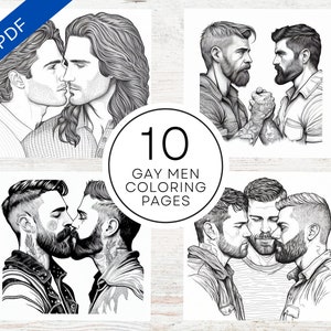 Handsome Gay Men Pride 2023 Coloring Pages | Printable PDF 10 Pages A4 | Realistic LGBT Grayscale Coloring Book