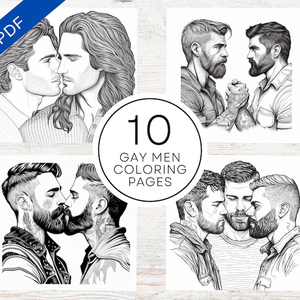 Handsome Gay Men Pride 2023 Coloring Pages | Printable PDF 10 Pages A4 | Realistic LGBT Grayscale Coloring Book