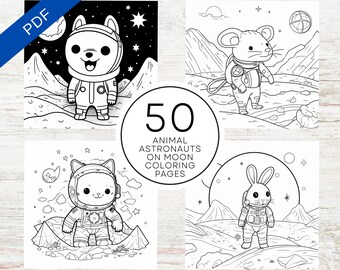 May include: Black and white line art of four animal astronauts on the moon. The image includes a dog, a mouse, a cat, and a rabbit, all wearing space suits. The text reads "50 ANIMAL ASTRONAUTS ON MOON COLORING PAGES".