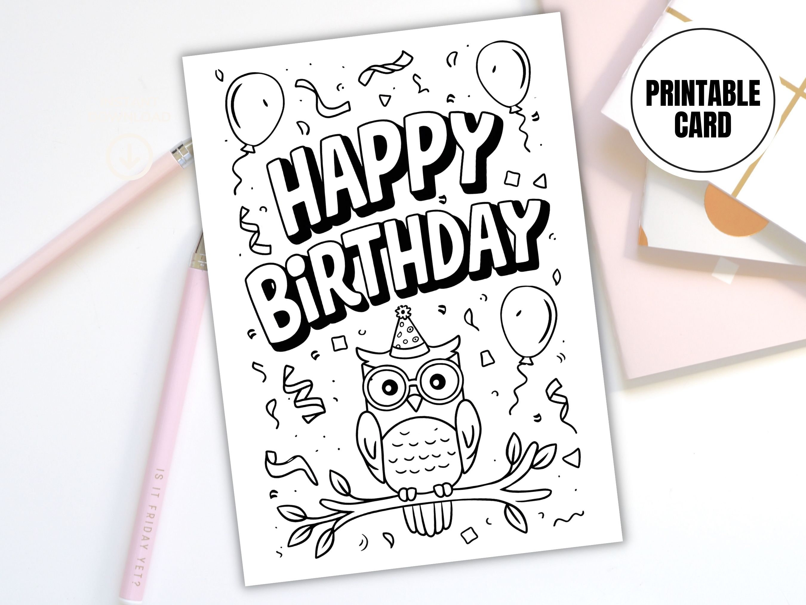Happy Birthday Owl Printable Coloring Card | Digital Download Coloring Page | Owl Lover Birthday Col