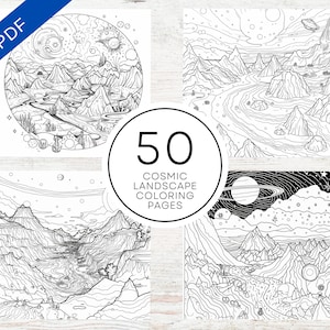 May include: A set of 50 printable coloring pages featuring cosmic landscapes. The pages depict fantastical scenes with mountains, rivers, and celestial bodies.  The pages are perfect for adults and children who enjoy coloring.