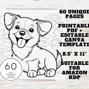 May include: Black and white illustration of a cute cartoon dog with a big smile and tongue sticking out. The dog is sitting on a background of wavy lines. The image is labeled "60 Dog Coloring Pages for Kids".