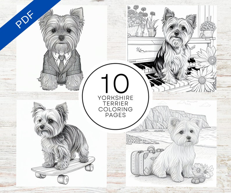 10 söta målarbilder med Yorkshireterrier | Utskrivbara målarbilder med hundar för tonåringar, vuxna och hundälskare | Stresslindring och avslappning bild 1