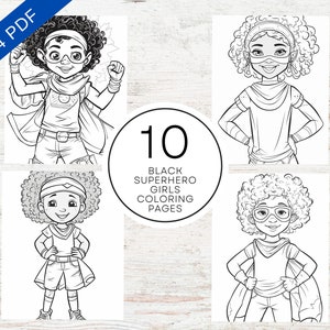 May include: Set of 10 black and white coloring pages featuring superhero girls with afro hairstyles.  The pages are designed for kids to color and are part of a collection of 10 Black Superhero Girls Coloring Pages.