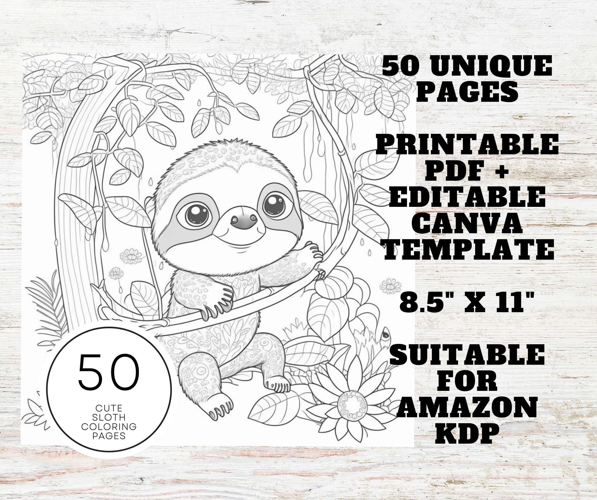 KDP Interior 50 Sloth Coloring Pages 8.5 X 11 - Etsy